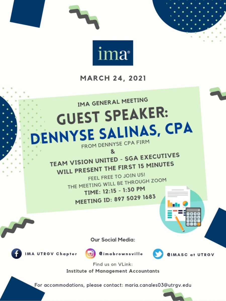 Hello Vaqueros! 🤠 We hope to see you at tomorrow's general meeting. There will be valuable information you don't want to miss out!! #IMA #accounting #brownsville 👩🏽‍💻👨🏽‍💻✌🏽