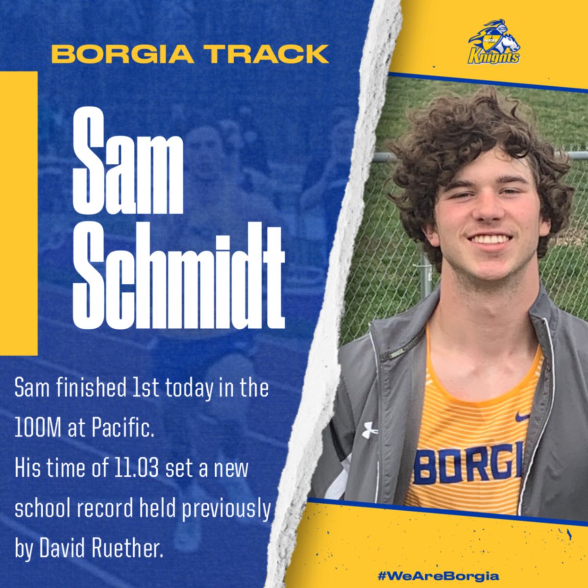 BorgiaAthletics's tweet photo. Sam Schmidt sets a school record in the 100M today with a time of 11:03. Congratulations Sam! https://t.co/yj1QFzNMiw