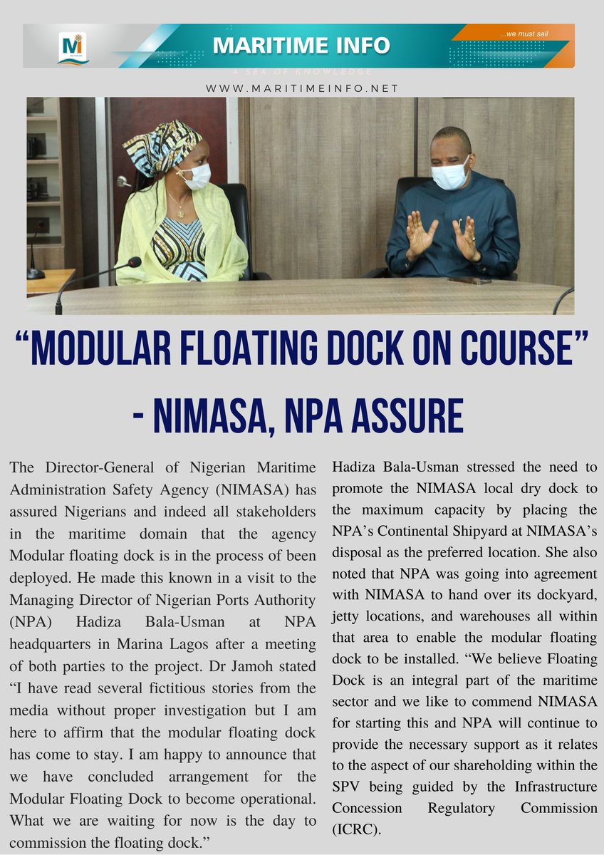 JamohBashir's tweet photo. Despite several fictitious stories without proper investigation, I can affirm that the Modular Floating Dry Dock has come to stay. We've concluded arrangements with NPA #ContinentalShipyard for the NIMASA #MFDD to become operational. Thanks, @hadizabalausman for the cooperation. https://t.co/NCcUfYqjXH