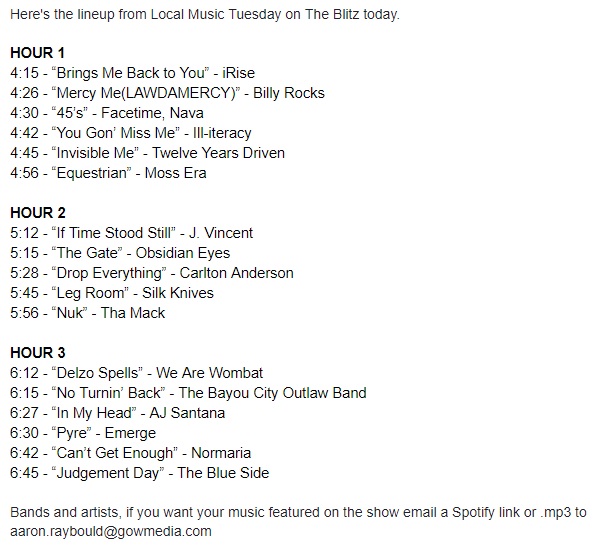 Degenerates975's tweet photo. Here is the lineup from #LocalMusicTuesday on
@espn975
! Houston artists and bands if you music you want featured on the show on Tuesdays email a
@Spotify
link or mp3 with the safe for radio version to aaron.raybould@gowmedia.com https://t.co/33koCKuTXe