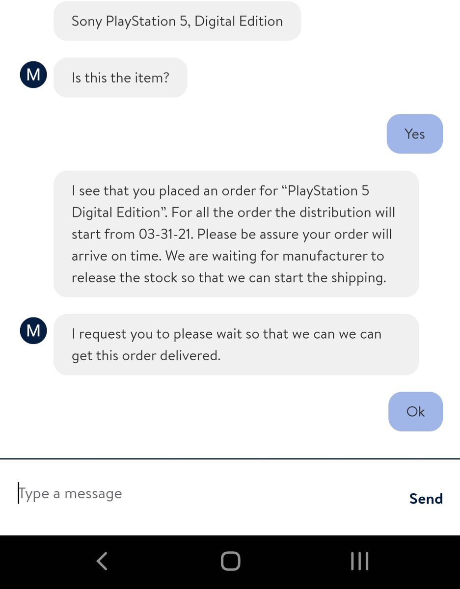 RaiderFanRobert's tweet photo. I was just told this from Walmart in regards to my PS5 order from 3/18. The wait continues. #ps5 #walmartps5 #ps5shipping #playstation5restock #walmart #shipping #ps5walmart https://t.co/25V914tBPy