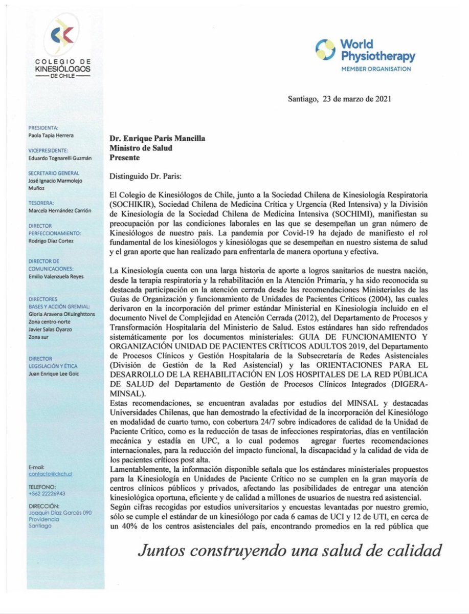 colkine's tweet photo. Colkine, SOCHIKIR, Red Intensiva y DIKISOCHIMI enviaron carta al Ministro de Salud, manifestando la voluntad de la comunidad kinesiológica a avanzar en regulación en Kinesiología para ofrecer a la población una atención oportuna, eficiente y de calidad. https://t.co/29ii3DPznH