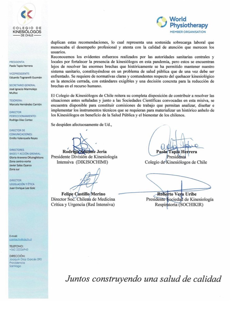 colkine's tweet photo. Colkine, SOCHIKIR, Red Intensiva y DIKISOCHIMI enviaron carta al Ministro de Salud, manifestando la voluntad de la comunidad kinesiológica a avanzar en regulación en Kinesiología para ofrecer a la población una atención oportuna, eficiente y de calidad. https://t.co/29ii3DPznH