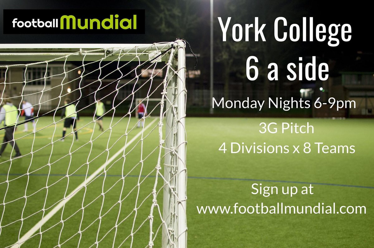 LEAGUE EXPANSION ⚽⚽🙌🙌

Due to extra space at York College we are currently expanding the 6 a side league that runs on a Monday Night between 6-9pm on the fantastic 3G PITCH

4 SPACES AVAILABLE

Sign up at:

footballmundial.com/leagues/view/7…

#York <a href="/yorkpress/">The Press</a>