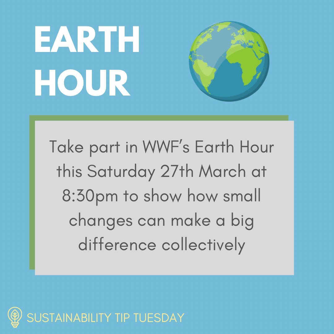 This #TipTuesday we’re reminding you to take part in Earth Hour this weekend and switch all your lights off with people across the globe to show how we can all make a difference of we work collectively! 💡#earthhour2021 #earthhour #sustainabilitytip <a href="/WWF/">WWF</a> <a href="/earthhour/">Earth Hour Official</a> <a href="/wwf_uk/">WWF UK</a>