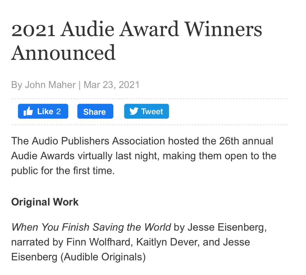 🚨 ICYMI

Congratulations to WHEN YOU FINISH SAVING THE WORLD by Jesse Eisenberg on winning Best #Audies2021 ORIGINAL WORK

Finn Wolfhard narrates as Ziggy Katz, Kaitlyn Dever as Rachel Katz, and Jesse as Nathan Katz

Hear Finn’s excerpt below!

Audible | audible.com/pd/When-You-Fi…