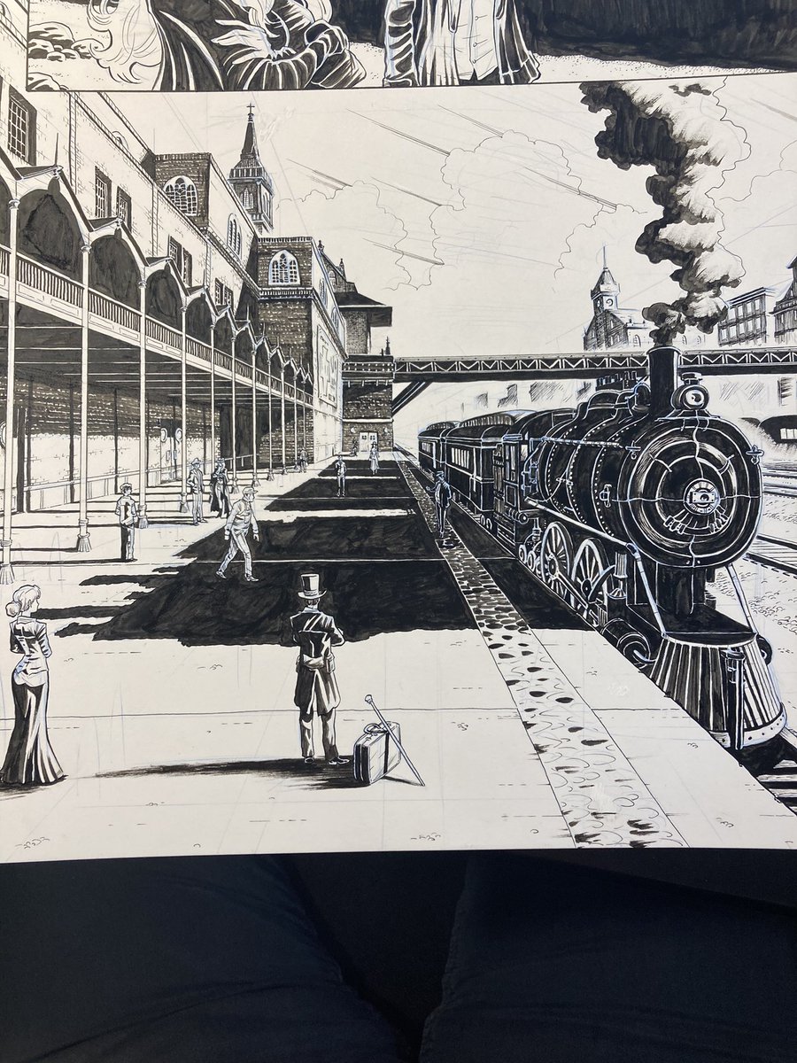 Doodle_Bags's tweet photo. Inking process, I like to select objects/subject matter to selectively ink then move through the piece as such. This one started with the characters then the balcony etc. was fun to draw but man trains are hard... #inking #inkingart #inkingartwork #inks #penandink #comicsgate https://t.co/Slez2N9bWt