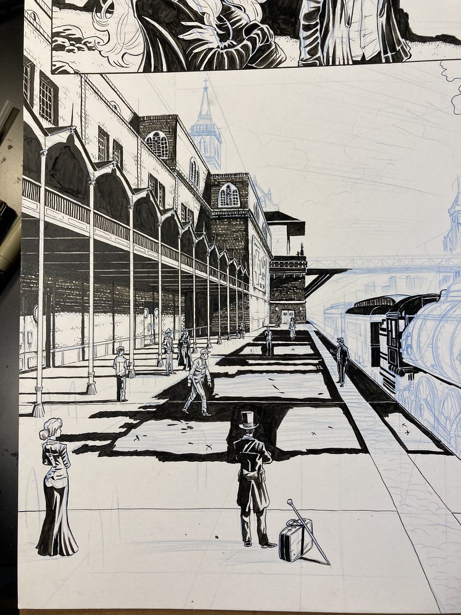 Doodle_Bags's tweet photo. Inking process, I like to select objects/subject matter to selectively ink then move through the piece as such. This one started with the characters then the balcony etc. was fun to draw but man trains are hard... #inking #inkingart #inkingartwork #inks #penandink #comicsgate https://t.co/Slez2N9bWt