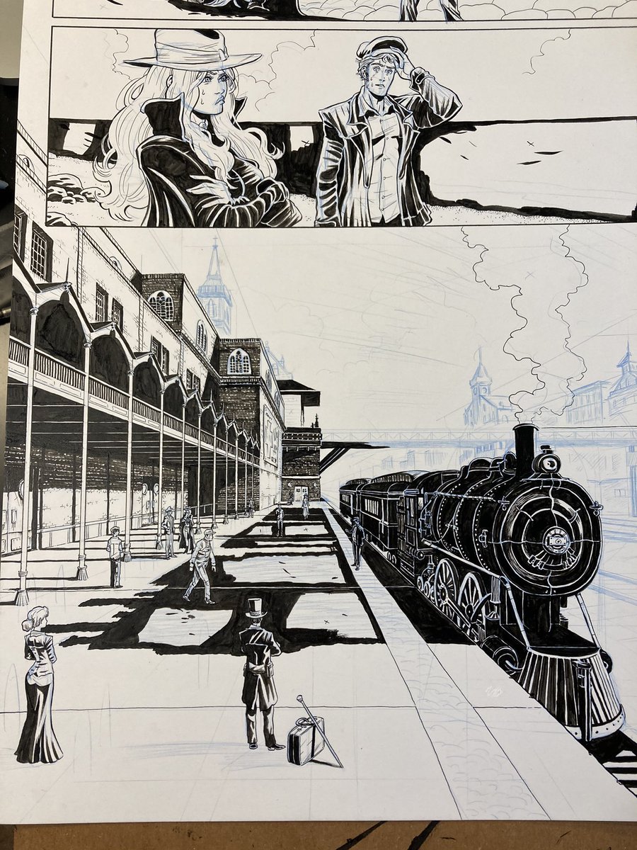 Doodle_Bags's tweet photo. Inking process, I like to select objects/subject matter to selectively ink then move through the piece as such. This one started with the characters then the balcony etc. was fun to draw but man trains are hard... #inking #inkingart #inkingartwork #inks #penandink #comicsgate https://t.co/Slez2N9bWt