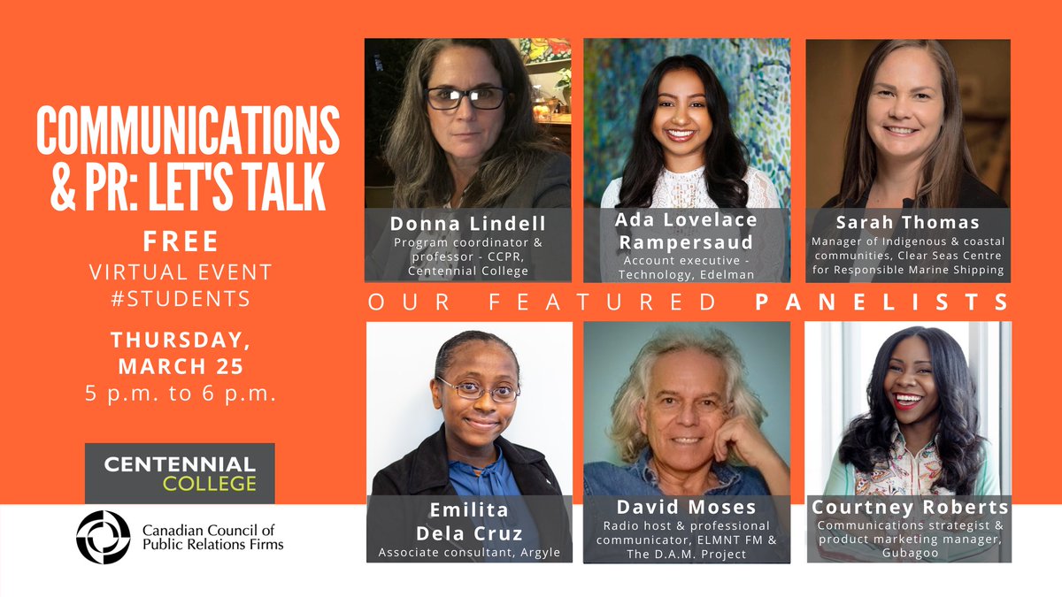 Centennial_CCPR's tweet photo. Meet the panelists for the #Communications & #PR: Let’s Talk event this Thursday! If you love writing, social media and telling people’s stories register for the event: https://t.co/0LdEaiao9C #PRitForward https://t.co/eyzTfpCBuy