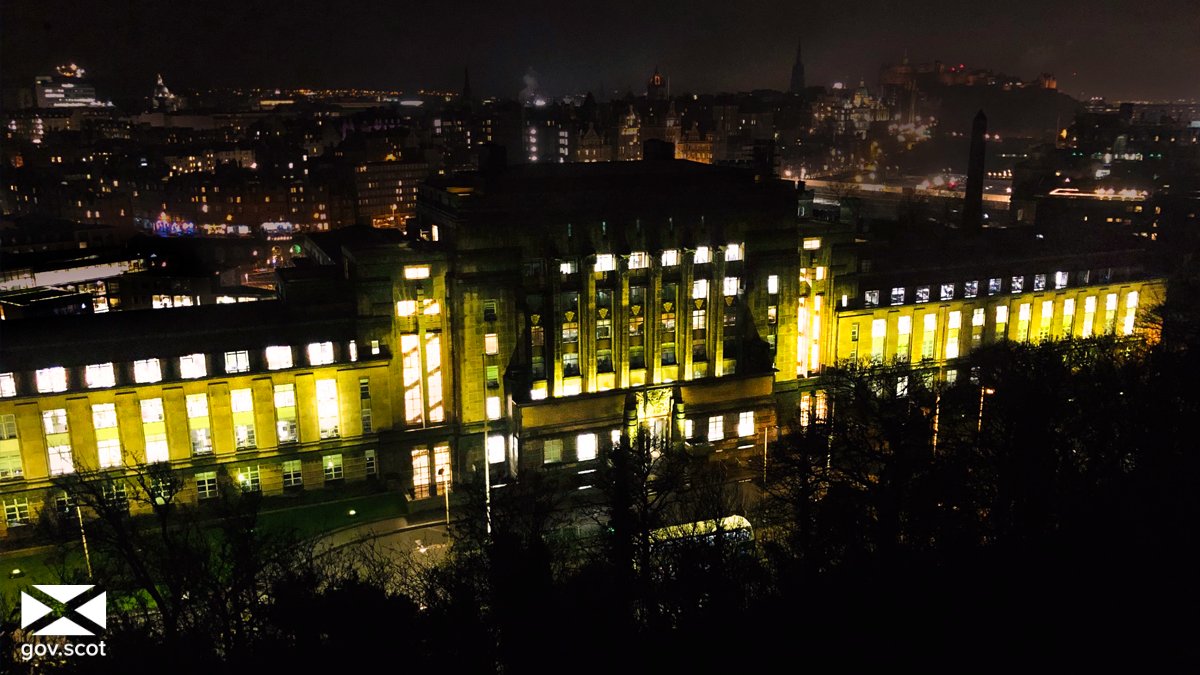 scotgov's tweet photo. Tonight, Scottish Government buildings will glow yellow.

This marks a National #DayOfReflection to show support for those who have lost loved ones.

Join us by shining a light at 8pm. https://t.co/zkRb5TNYW8