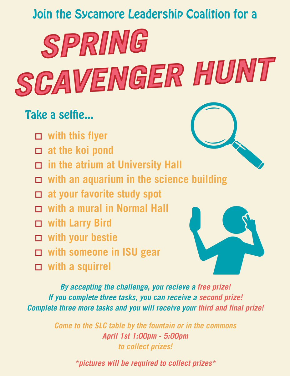 SGA Indstate (@sgaindstate) on Twitter photo SPRING SCAVENGER HUNT!!!
You have until April 1st!! 
GOOD LUCK!🍀 SPRING SCAVENGER HUNT!!!
You have until April 1st!! 
GOOD LUCK!🍀