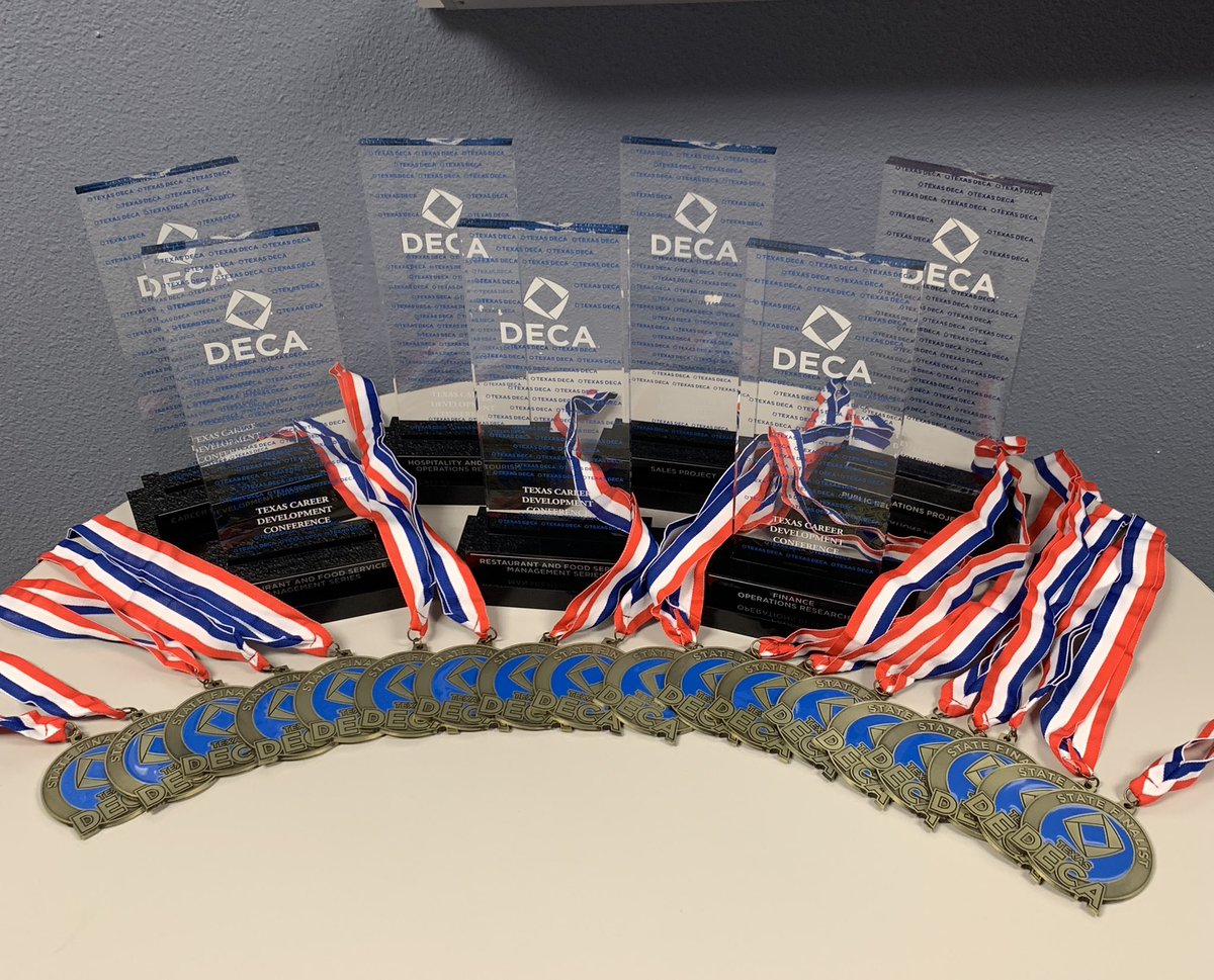 Grapevine_DECA's tweet photo. The hardware is here! Not quite the same as getting up on stage, but another HUGE congratulations to all our GHS DECA State Finalists and Champions! #ontothenext #gcisdcte https://t.co/yaJbx8rvVk