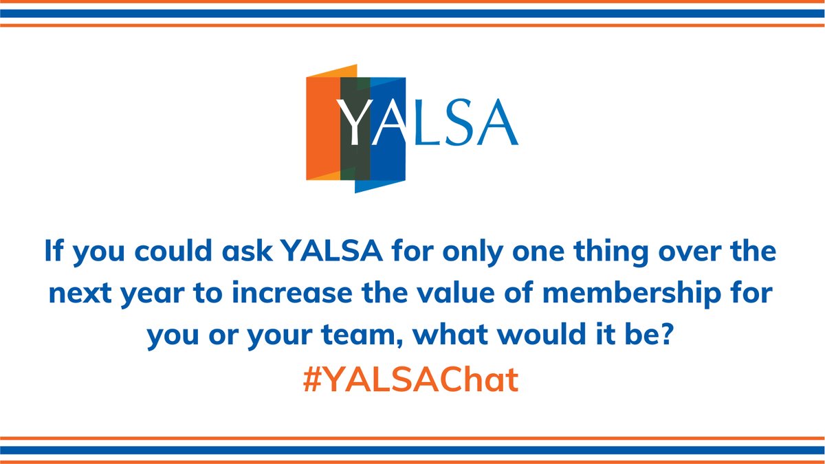 yalsa's tweet photo. 5. If you could ask YALSA for only one thing over the next year to increase the value of membership for you or your team, what would it be?
Don't forget to use #YALSAChat in your reply! https://t.co/PHQV1hP7KE