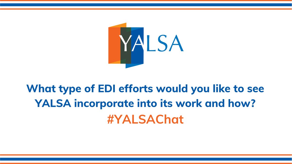 yalsa's tweet photo. 6. What type of EDI efforts would you like to see YALSA incorporate into its work and how?
View YALSA's Statement on Equity, Diversity and Inclusion here: https://t.co/I3bp1Z9EbA
Don't forget to put #YALSAChat in your reply! https://t.co/ytNdkfwmq5