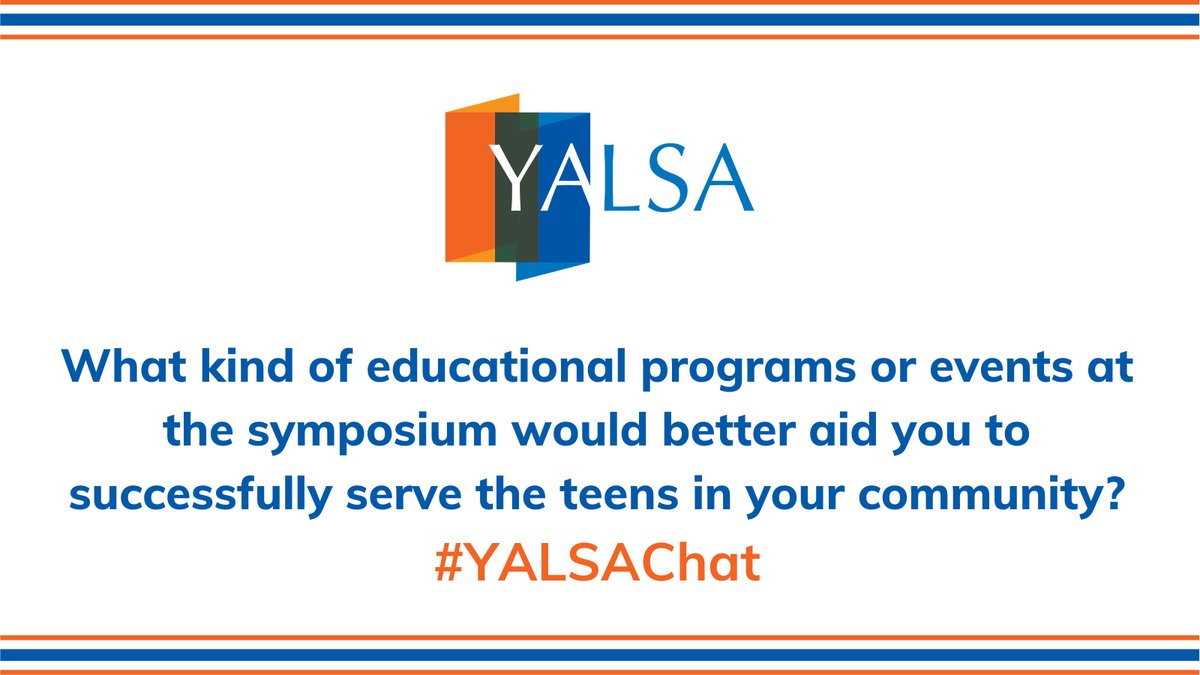 yalsa's tweet photo. 7. What kind of educational programs or events at the Symposium would better aid you to successfully serve teens in your community?
Don't forget to put #YALSAChat in your reply! https://t.co/q6cIu1fONr