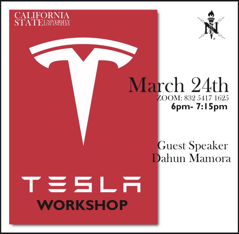 Hey everyone tomorrow we will be having our Tesla workshop from 6-7:15 pm. Be sure to join and get valuable information from our guest speaker!