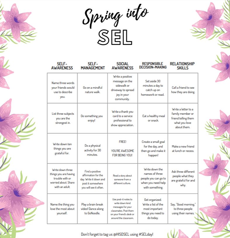 In honor of #SELDay on Friday, March 26th, let's play SEL Bingo. Try to fill in all the spaces on your SEL Bingo Card. The campus that completes the most items on the card will get a SEL Swag Bag!@TeamHISD <a href="/HoustonISD/">Houston ISD</a>
