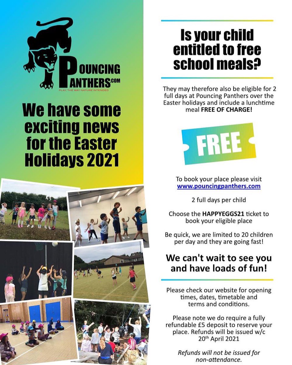 PouncinPanthers's tweet photo. 💥THIS IS IT! 💥We are delighted to announce that not only are we BACK OPEN ....But we are also welcoming ALL children that are entitled to a free school meal to TWO FREE DAYS at our club including lunch!! 🍉🥪 Aged 5-12 years only. #easter2021 #covidsafe #PleaseShareAndLike https://t.co/QzYeBKhFWv