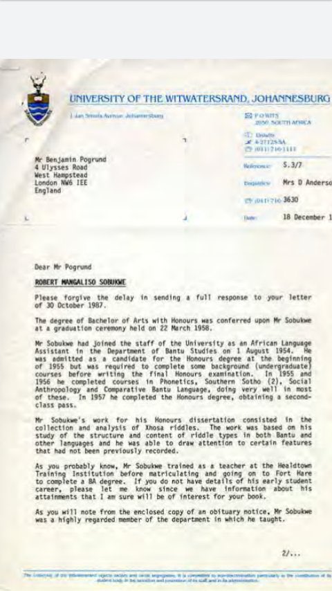 I am really inspired by Robert Mangaliso Sobukwe - The Best amongst us must lead 🙏  This is letter confirming his Honours Degree  🙌