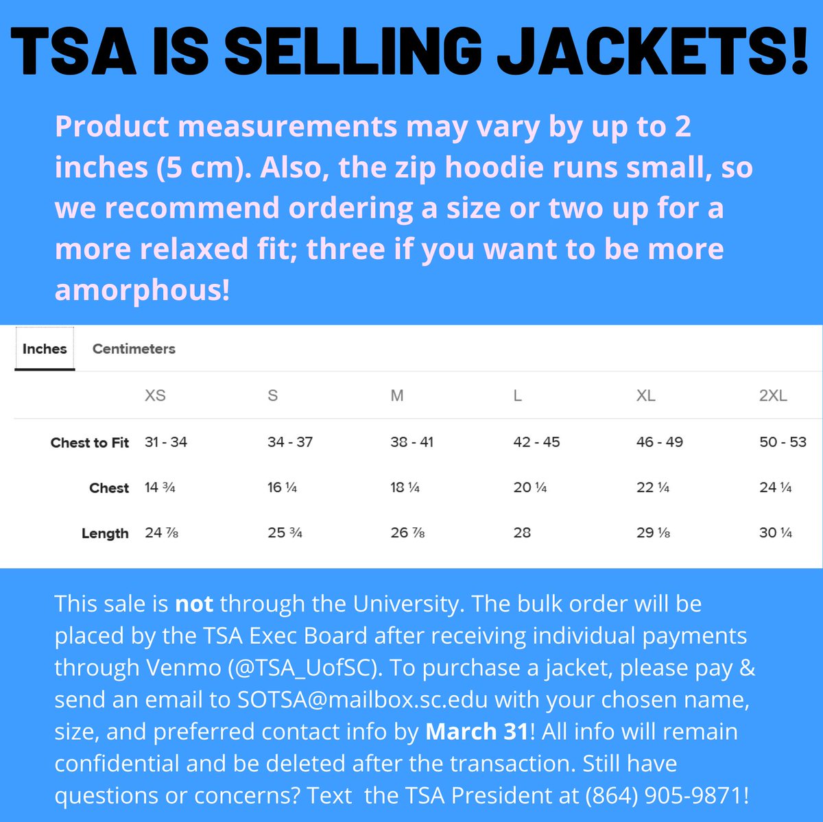 Need a mental break? Come doodle with us on Thursday, March 25, from 5:45-6:45 PM! (Materials will be provided.) As usual, we’ll be in Russell 205 &amp; on our Discord server. 

Also: If you want a TSA jacket, please email SOTSA@mailbox.sc.edu ASAP! The deadline is March 31! 
#UofSC