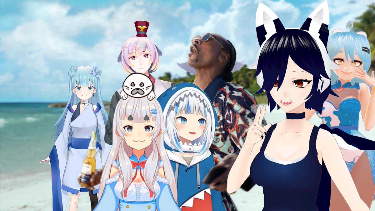 MeetsDogg's tweet photo. Snoop Dogg make an Special Marine Collab, with @yakkuvt @umi_azarashi @gawrgura @kujira_haia @kujira_byaku and @BluuMelodhy in a caribbean beach. https://t.co/B7zcZirmfj