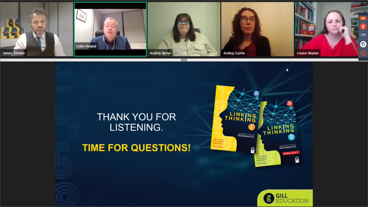 GillEducation's tweet photo. Delighted to have the full @LinkingJCMaths team on now for Q&A at the end of this evening's #JCMaths webinar. @Audrey_Byrne1 @trimblejames242 @QAisling & @boylan_maths. Great interest in & engagement with the #spirallearning approach. @imtanational https://t.co/zKpDeniP4S