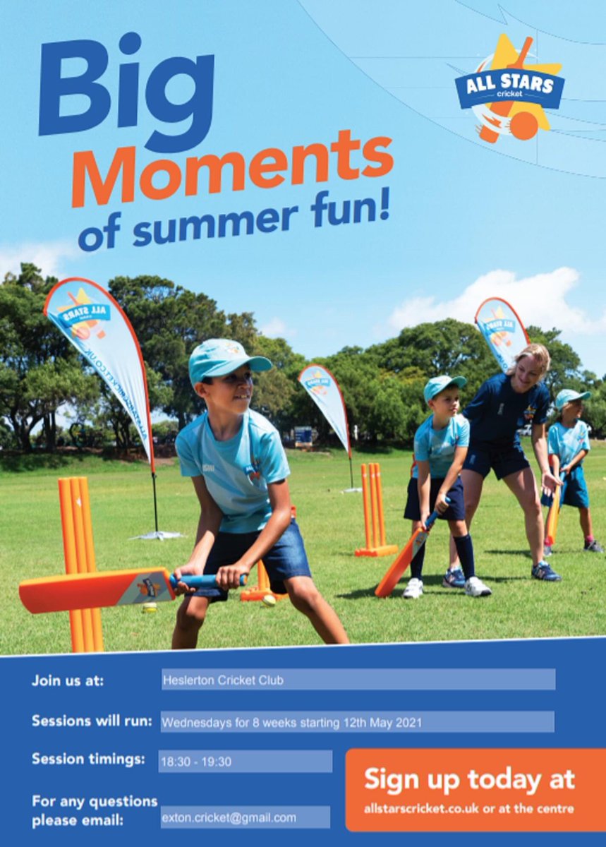 HeslertonCC's tweet photo. Big news this summer, as we start up @allstarscricket for the first time!

It all begins on Wednesday 12th May at 6.30pm down at Sands Lane, Heslerton. 

For any more information please email Andy Exton at Exton.cricket@gmail.com or sign up through: https://t.co/xbgrfC7M0F

#HCC https://t.co/CajXPIqbaY