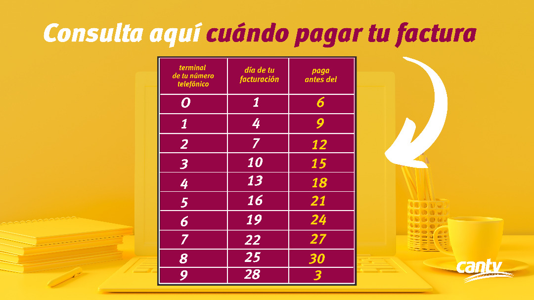 salaprensaCantv's tweet photo. 📍 #23Mar #QuéNoSeTeOlvide Pagar tu factura a tiempo. Estar Conectado también depende de ti.

Recuerda que #PagarEnCantvEsSencillo hazlo a través de nuestros bancos aliados. 

Conoce tu fecha de pago aquí https://t.co/PN3iqCPU8D