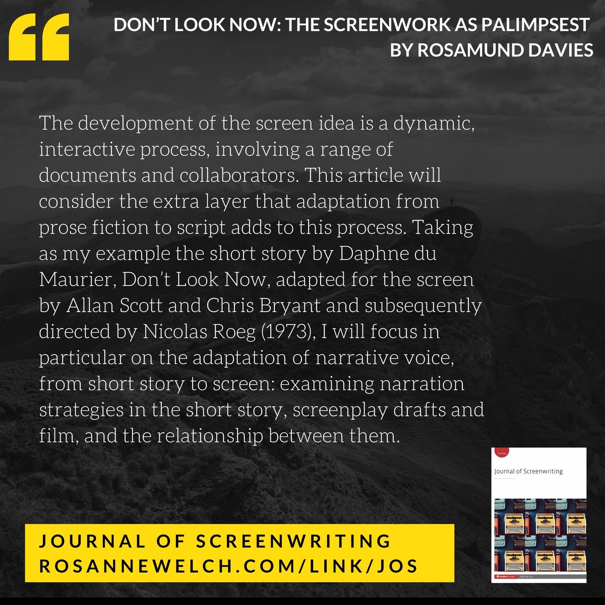 DrRosanneWelch's tweet photo. From The Journal Of Screenwriting V4 Issue 2: The screenwork as palimpsest by Rosamund Davies
https://t.co/WjcwwbCqhn
#srn #journalofscreenwriting #screenwriting #research #academic #writing #abstract #tv #television #movies #film
@srnconference https://t.co/2sp4OfV8Lg