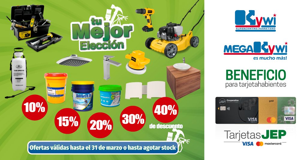 TarjetasJEP's tweet photo. 🔖 En el #Kywi #MegaKywi encuentras gran variedad de productos para remodelar tu hogar. Paga con #TarjetasJEP tus compras y recibe del 10% al 40% de descuento en productos seleccionados. 📍 Promoción válida a nivel nacional. https://t.co/TgL0NCNz2m