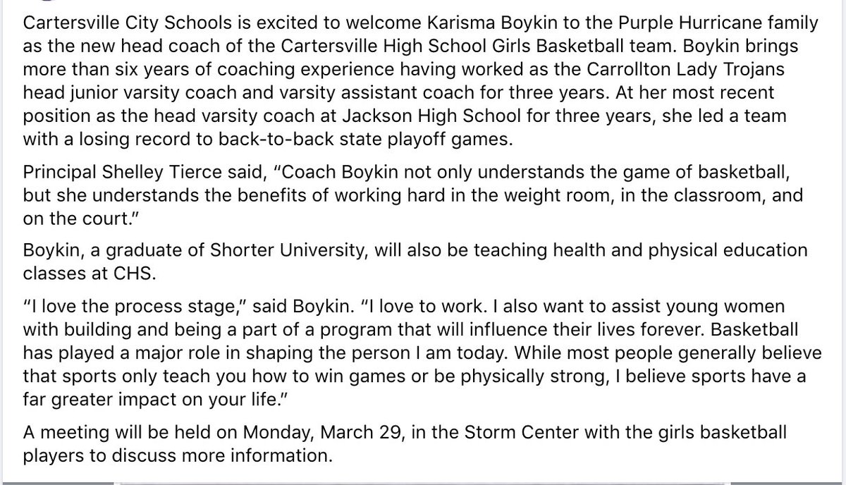 cvilleschoolsys's tweet photo. Cartersville City Schools is excited to welcome Karisma Boykin to the Purple Hurricane family as the new head coach of the Cartersville High School Girls Basketball team. https://t.co/BmNGTGoTFq