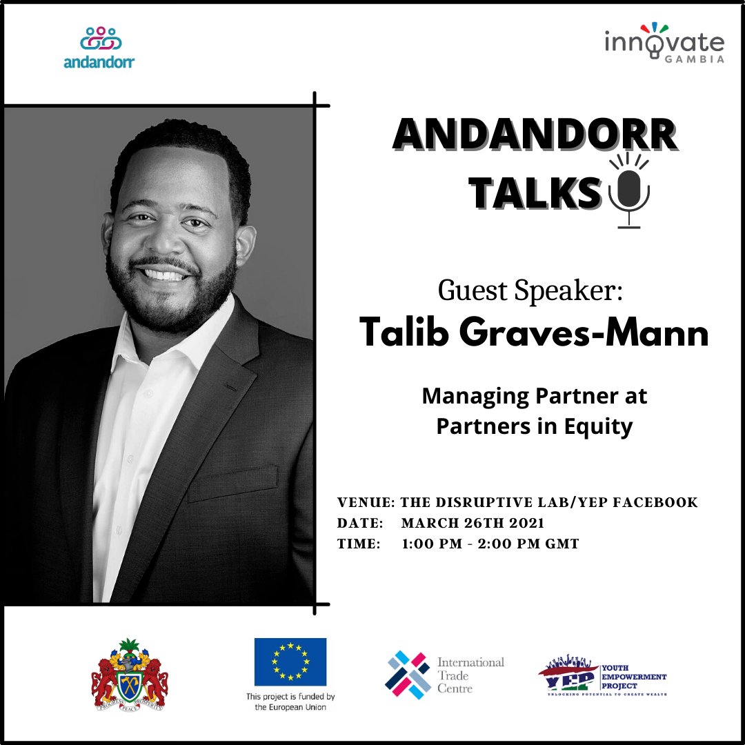 innovategambia's tweet photo. Andandorr Talks; presented by @yepgambia Andandorr Program and Innovate Gambia, is a monthly series created to engage #young #entrepreneurs operating in the #CreativeIndustries, to a space of #learnings and #motivation from experienced #influencers and thought #leaders. https://t.co/WPqR7gFEgi