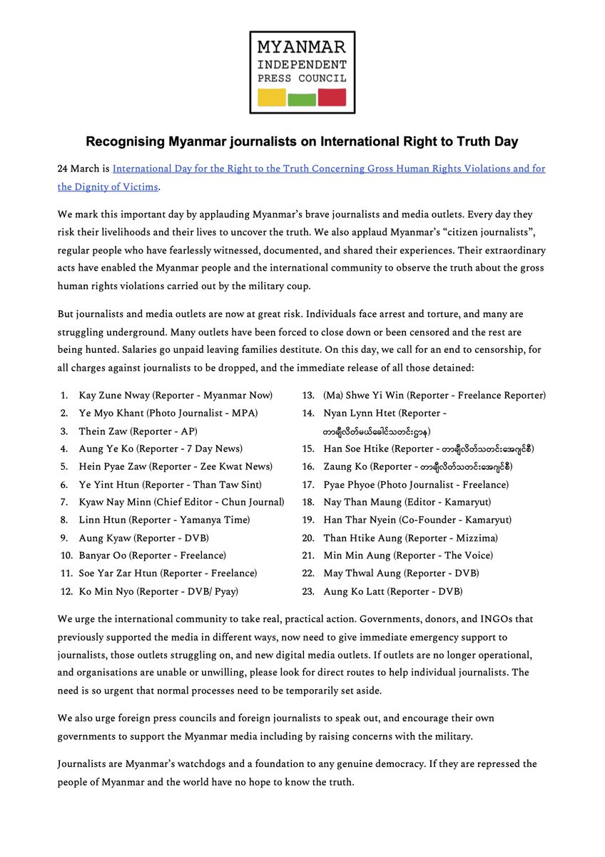 MyanmarIPC's tweet photo. Myanmar Independent Press Council: Statement

Recognising #Myanmar journalists on International #RightToTruthDay 

"We applaud journalists and media outlets"

အပြည်ပြည်ဆိုင်ရာအမှန်တရားနေ့တွင် မြန်မာ သတင်းသမားများကိုအသိအမှတ်ပြုခြင်း

#WhatsHappeningInMyanmar #MIPC #PressFreedom https://t.co/6VHoWwwsAD