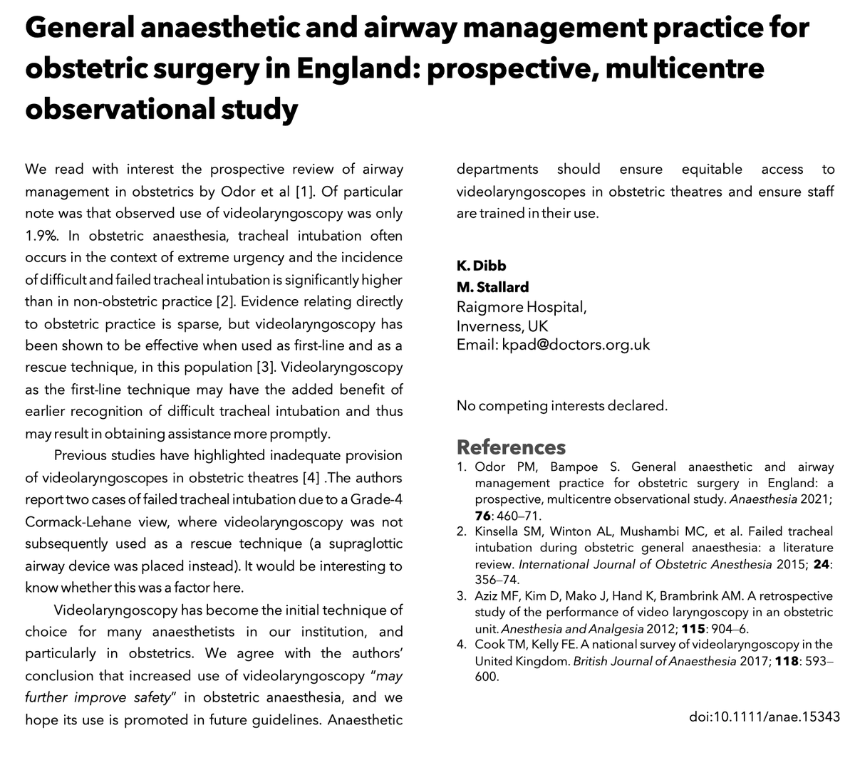 ππ―π’π¦π΄π΅π©π¦π΄πͺπ’ (@anaes_journal) on Twitter photo πGeneral anaesthetic and airway management practice for obstetric surgery in England.
"Anaesthetic departments should ensure equitable access to videolaryngoscopes in obstetric theatres and ensure staff are trained in their use."
πβ¦-publications.onlinelibrary.wiley.com/doi/10.1111/anβ¦ πGeneral anaesthetic and airway management practice for obstetric surgery in England.
"Anaesthetic departments should ensure equitable access to videolaryngoscopes in obstetric theatres and ensure staff are trained in their use."
πβ¦-publications.onlinelibrary.wiley.com/doi/10.1111/anβ¦