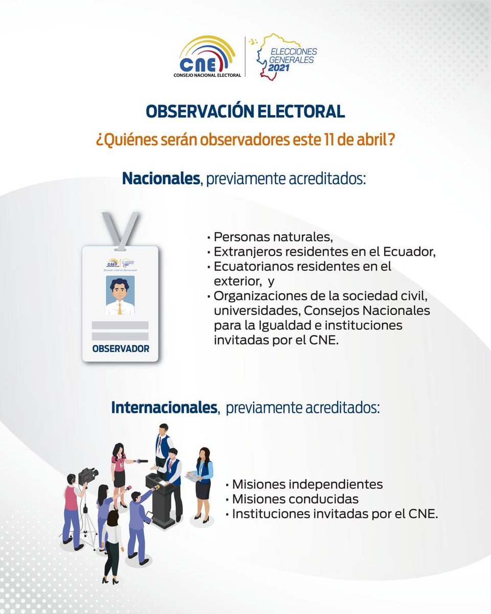 cnegobec's tweet photo. La #ObservaciónElectoral contempla distintas modalidades que garantizan el seguimiento y acompañamiento de los comicios en todas sus fases. Infórmate sobre quienes podrán desarrollar esta actividad en la #SegundaVueltaEc 👇. https://t.co/lZcc5FkTqm