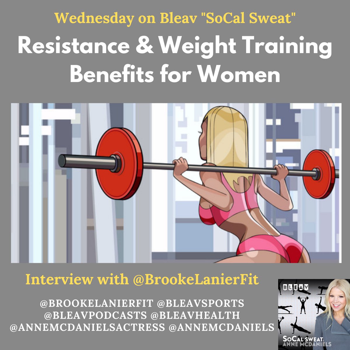 annemcdaniels's tweet photo. Wed on @BleavPodcasts #SoCalSweat: Interview w/ #BrookeLanierFit:
https://t.co/o5fKKqSpWv
#weightlifting #resistancetraining #muscle #bonedensity #calorieburn #fatburning #fatburningmachine #strong #toned #firm #confidence #sexy #womenwholift #curves #powerful #exercise #fitness https://t.co/GZOONBaN3U