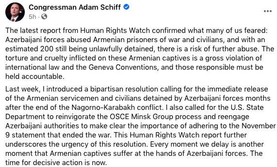 ARAMAC_DC's tweet photo. Thank you @RepAdamSchiff, Chair of the House Intelligence Committee, for sharing this @hrw report and for formally introducing H.Res.240 - calling on Azerbaijan to immediately release all POWs and captured civilians - which garnered 30 bipartisan, original cosponsors last week. https://t.co/SRUn1DPlop