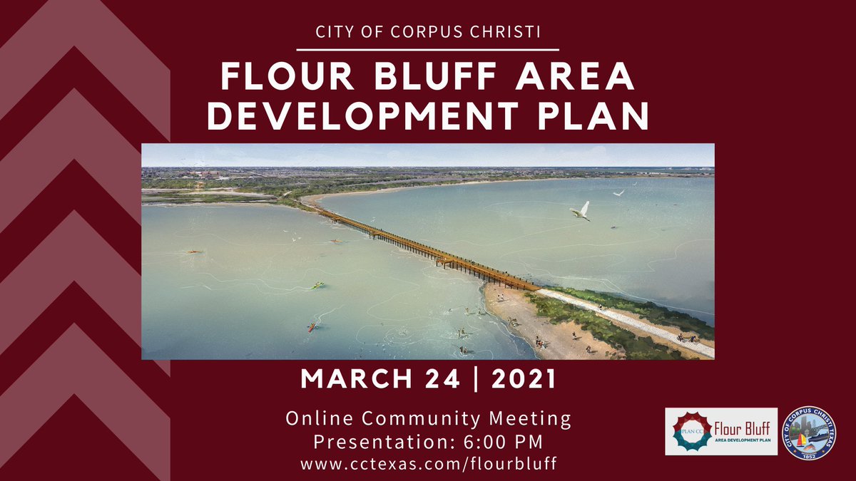 cityofcc's tweet photo. Join us for an online community meeting on Wednesday, March 24 at 6:00 p.m. to review the draft Flour Bluff Area Development Plan. Instructions for accessing the online meeting will be posted to the project website at https://t.co/ORISnBFXNK. https://t.co/BymNNFVycx