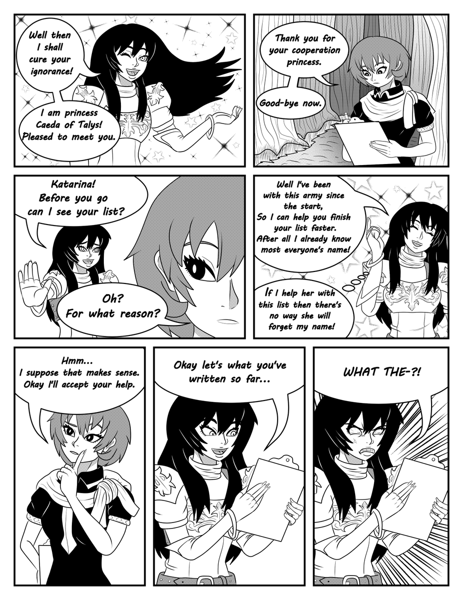 Gakenzi's tweet photo. Here's a new comic starring Caeda and Katarina. Made this since Caeda is a pretty weird name and I thought I'd make this comic to make fun of it haha. Hope you all enjoy! (1/2)
---
#FireEmblem #FEH #FEHeroes #nintendo #fanart https://t.co/FqgVoNPYme