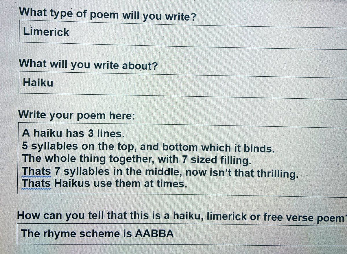 MsTelvick's tweet photo. I had my students write a haiku or limerick as a warm-up today, and got some AWESOME poems! Here is one a student wrote about me + a limerick a student wrote about haikus! They are so creative and thoughtful💛🌞🌼 https://t.co/97P5kWdHoo