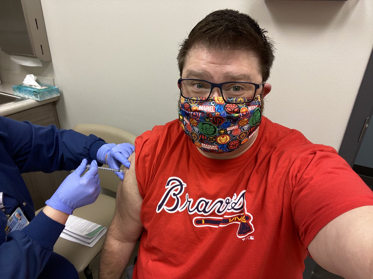 Boeing74's tweet photo. Second #FacuiOuchi administered!! Thank you to all of the hard working staff at @TGHCares for being caring and yet efficient. #CovidVaccine #PfizerCovidVaccine #PfizerGang #microchiped #Braves #Marvel #Avengers #GetVaccinated #BlackWidow https://t.co/nOBFR9PPNj