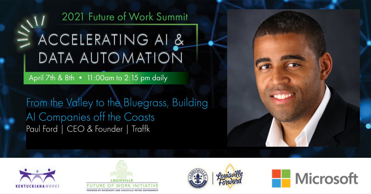 From Silicon Valley to Louisville! Hear from Traffk's CEO & co-founder on building an #AI company off the coast at the #Futureofwork2021 summit April 7 & 8. Register here: bit.ly/2OOj0oo #datascience #FutureofWork #techtalent #innovation #MachineLearning #data