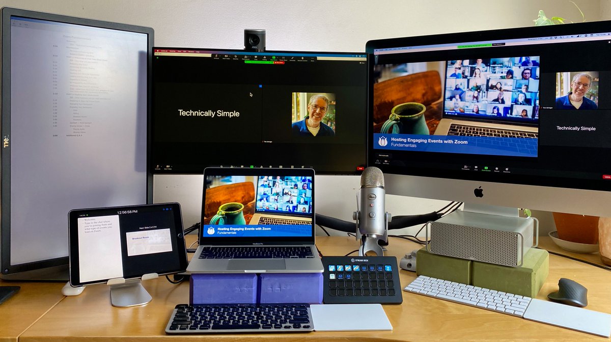 timstringer's tweet image. All system are GO for &quot;Hosting Engaging Events with @Zoom: Fundamentals&quot; (bit.ly/3jYDoia).

💻 Host – MacBook Pro (M1)
🎙 Mic – @BlueMicrophones Yeti 
🎥 Webcam – @AVerMedia
▶️ Keynote Remote – iPad
🎛  Meeting Remote – #StreamDeck
🖥 Monitor Meeting + Outline – iMac
