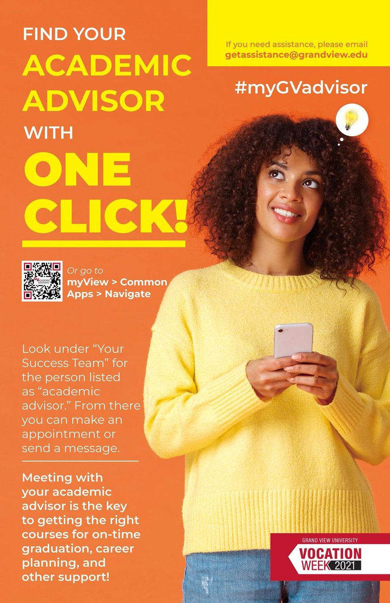 GVComplete's tweet image. Did you know that all first-year students were assigned new Faculty Academic Advisors yesterday? If you are wondering who your Academic Advisor is, click on the Navigate app on MyView and find their name a photo listed below your Navigate profile photo! #myGVadvisor
