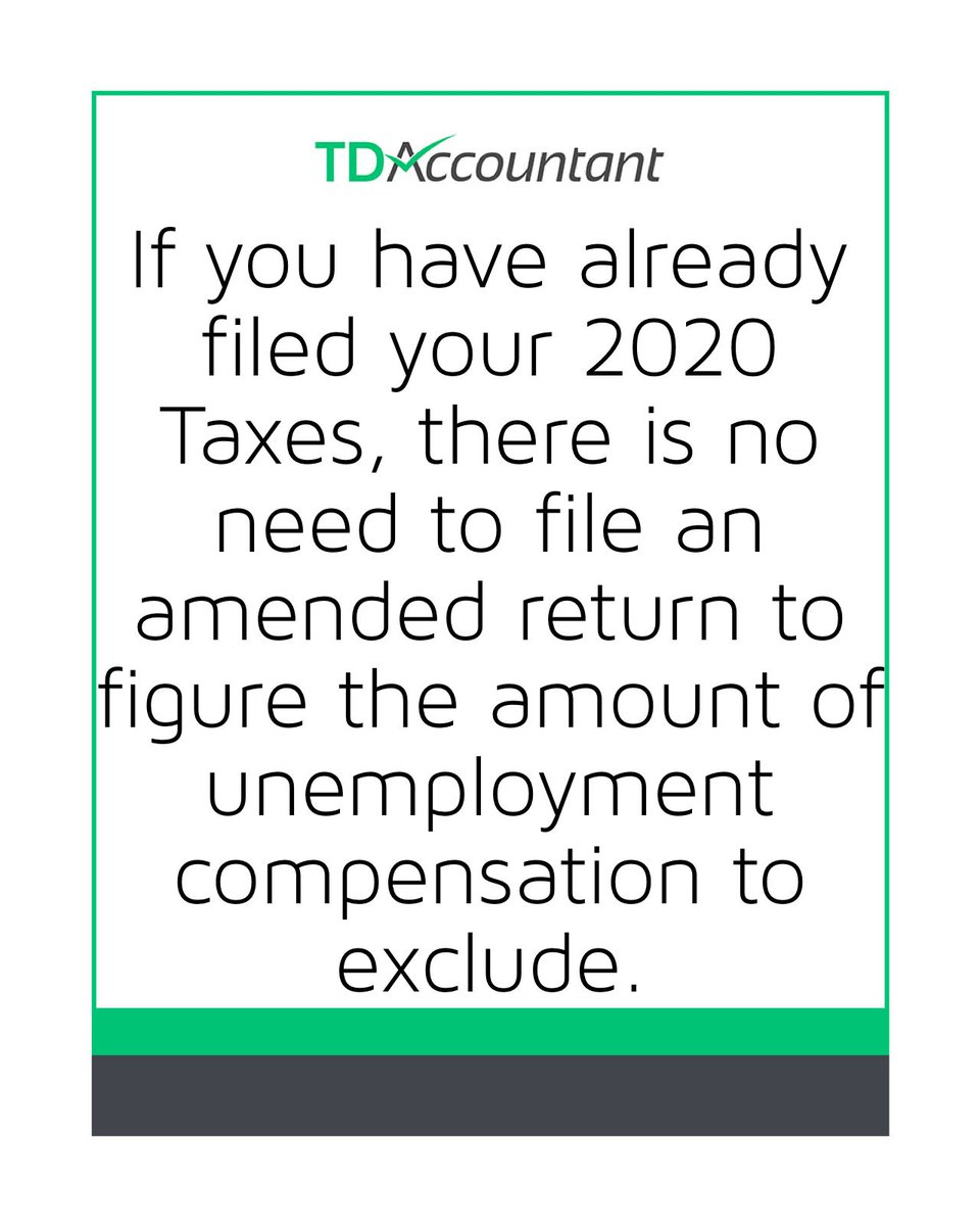 TdAccountant's tweet photo. The IRS will refigure your taxes using the excluded unemployment compensation amount and adjust your account accordingly. The IRS will send any refund amount directly to you. https://t.co/ph8F4PHUzB