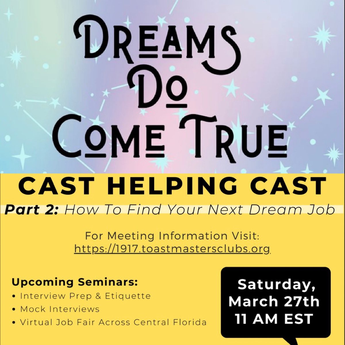 1917World's tweet photo. Dreams do come true when you learn how you land a dream job! ✨🌟✨

Our second seminar is coming up this Saturday! Please visit @worldtoasters1917’s website to get access to the seminar!

#toastmasters #casthelpingcast #hiredisney #dreamjob #seminar #leadership #wdwcast https://t.co/AaoYE2LoYh