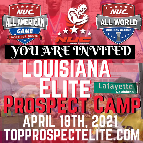 <a href="/xaviah20/">Xaviah Bryant</a> You are invited to Louisiana Elite Prospect Camp, April 18th, 2021 in Lafayette, LA You Can Register At topprospectelite.com using code football19 for 50% off for invited athletes. Spots are limited.