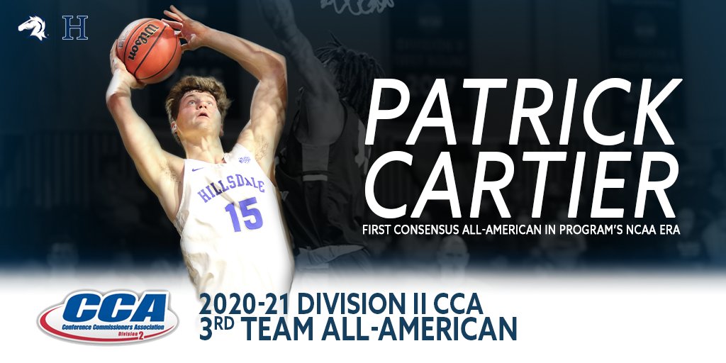 It's a clean sweep for Patrick Cartier! The D2CCA awards the sophomore 3rd team All-American honors, making him the first consensus All-American men's basketball player at Hillsdale in the NCAA DII era! #ChargeOn