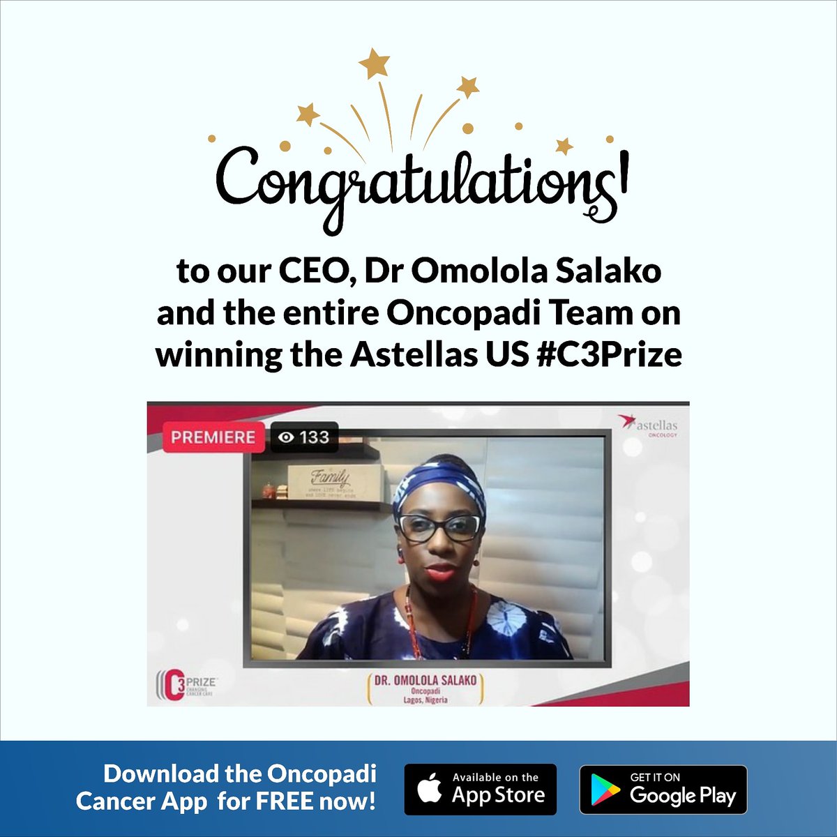 A big big congratulations to super amazing CEO <a href="/omololasalako/">Dr LolaSLK</a> and to our entire Oncopadi Team for bringing the AstellasUS #C3Prize home.. 

Celebrate with Oncopadi by leaving a comment below. 
#Oncopadi #AstellaUS #C3Prize #CancerCare #Innovation #IWD #pitch #CancerSupport